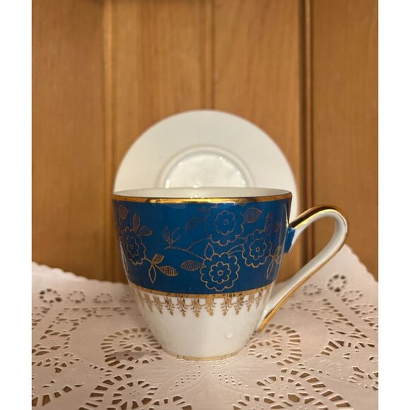 Vintage Teal Blue Gold Mismatched Teacup Saucer Gold Spoon MZ Czechoslovakia - Picture 6 of 10